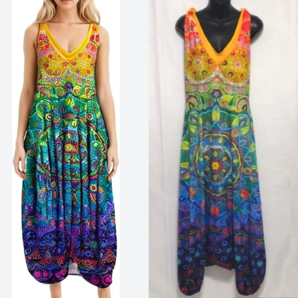 Colorful Boho Drop Crotch Harem Jumpsuit Womens Racerback Festival Yoga Romper L - Picture 3 of 12